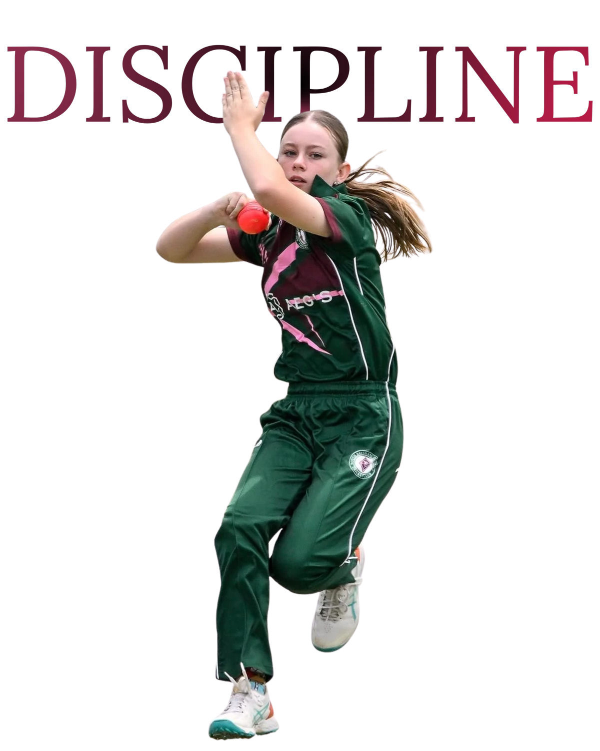 A Magpies bowler mid-delivery stride — DISCIPLINE