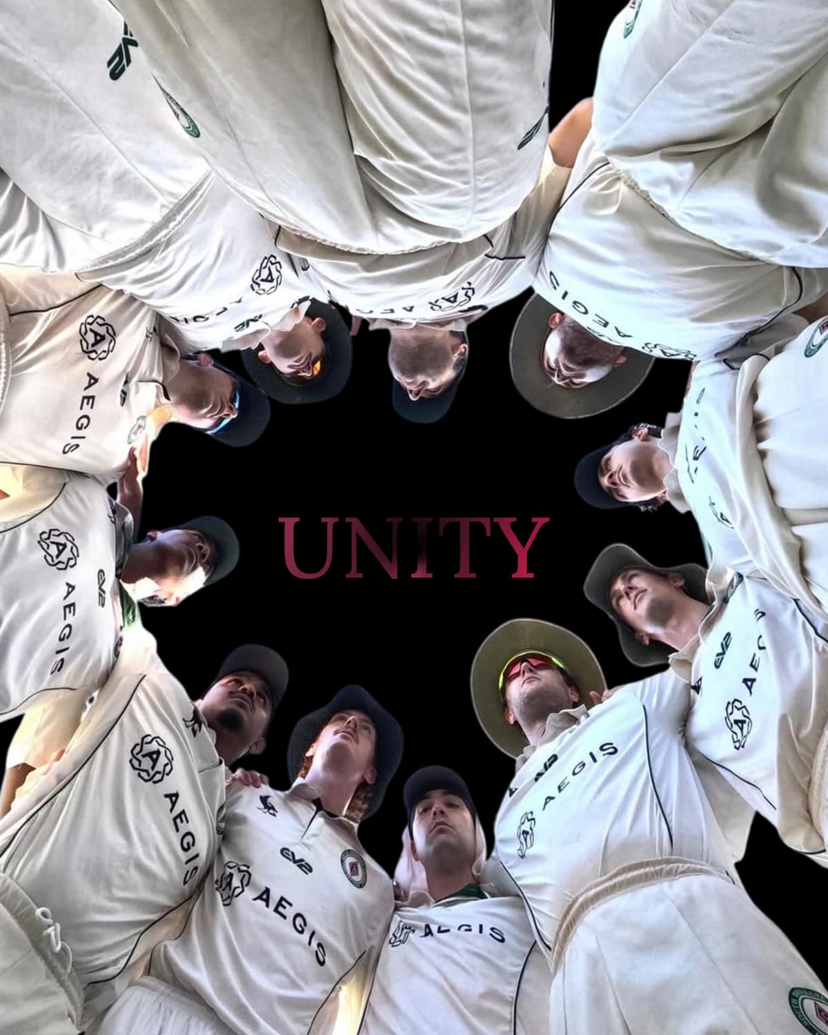 Magpies players in a huddle, seen from below — UNITY