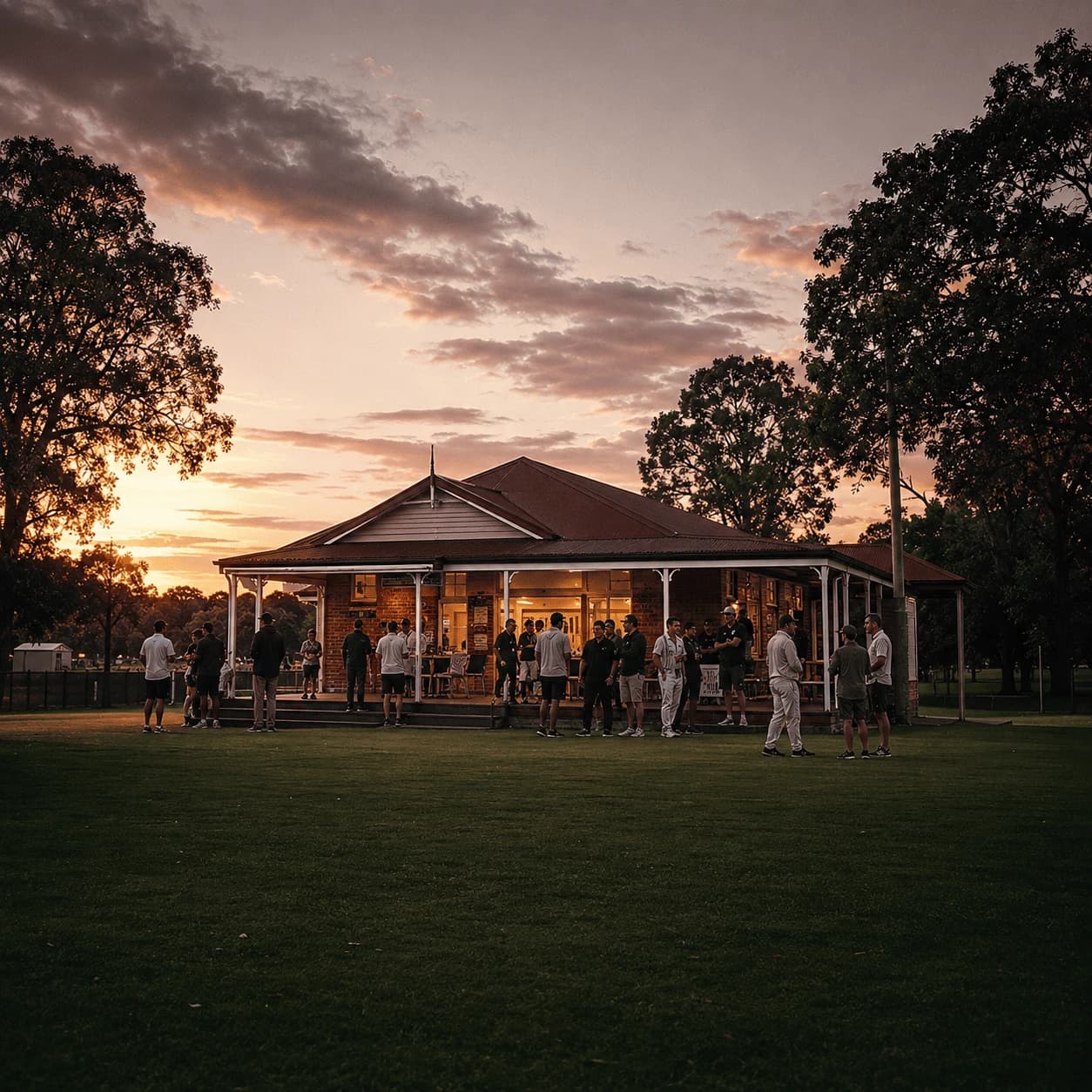 Players and members gathered outside the clubhouse at Fehlberg Park at dusk